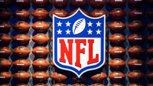 The NFL logo against a backdrop of footballs representing NFL fallout from COVID-19